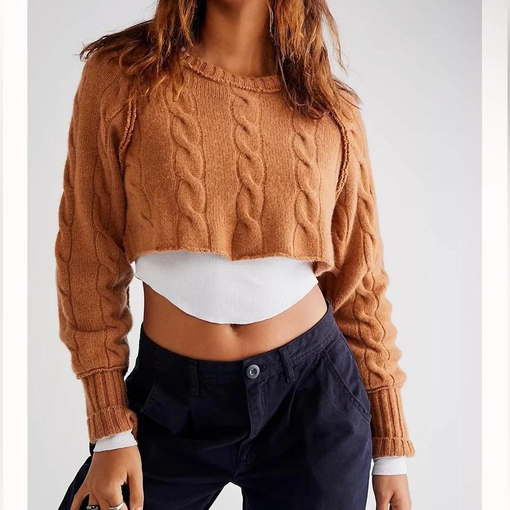Free People 100% Cashmere Cable Knit Cropped Sweater Size XL Camel Brown Raw Hem